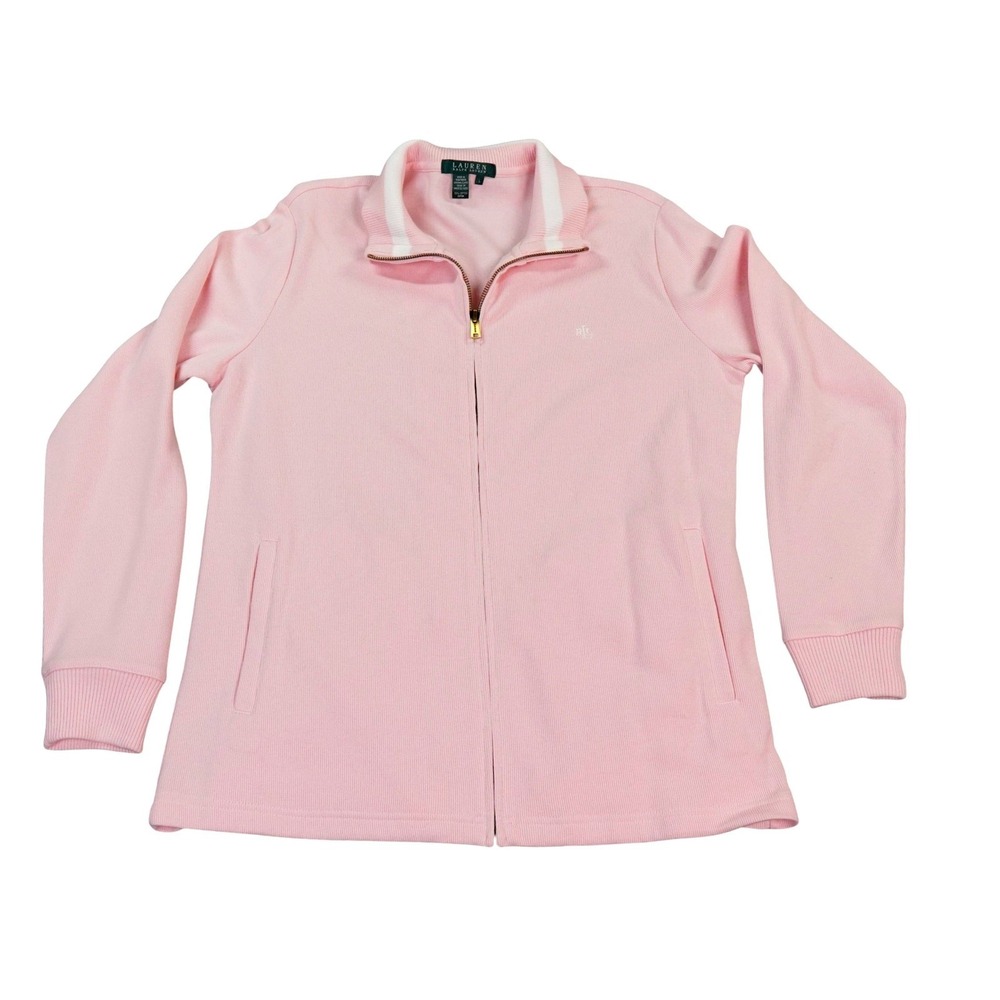 Lauren Ralph Lauren Women's Pink Zip Tennis Club Jacket Sweater L Cotton RL Logo